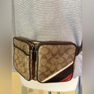 Coach Signature C Tan and Brown Belt Bag. Unisex
